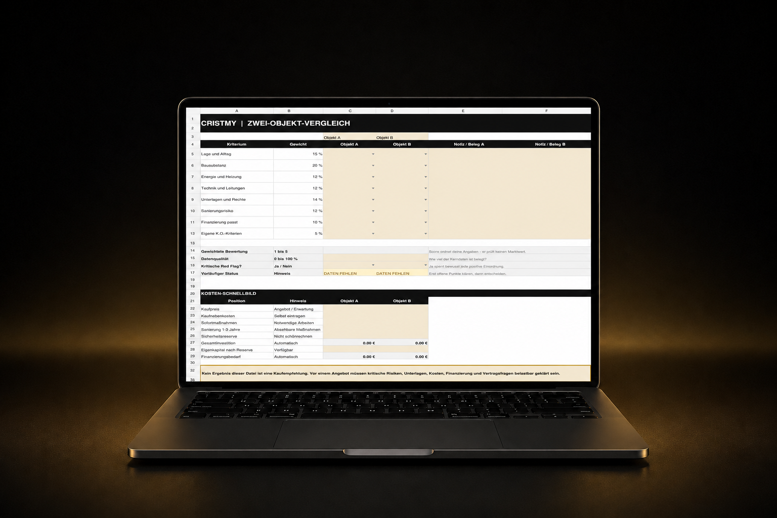 Laptop mit dem echten Zwei-Objekt-Vergleich aus HauskaufCheck LIGHT